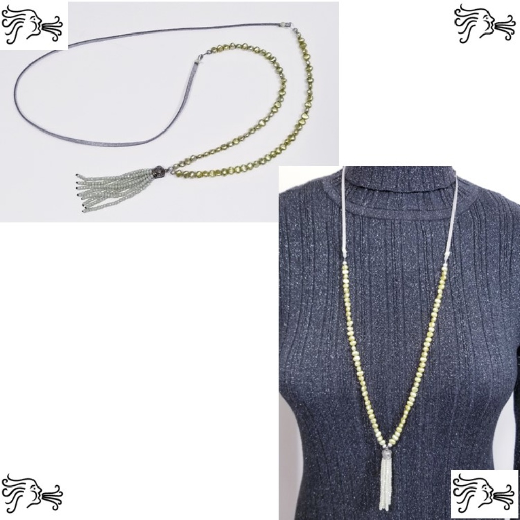 Celery Green Freshwater Pearl Suede Necklace 42$